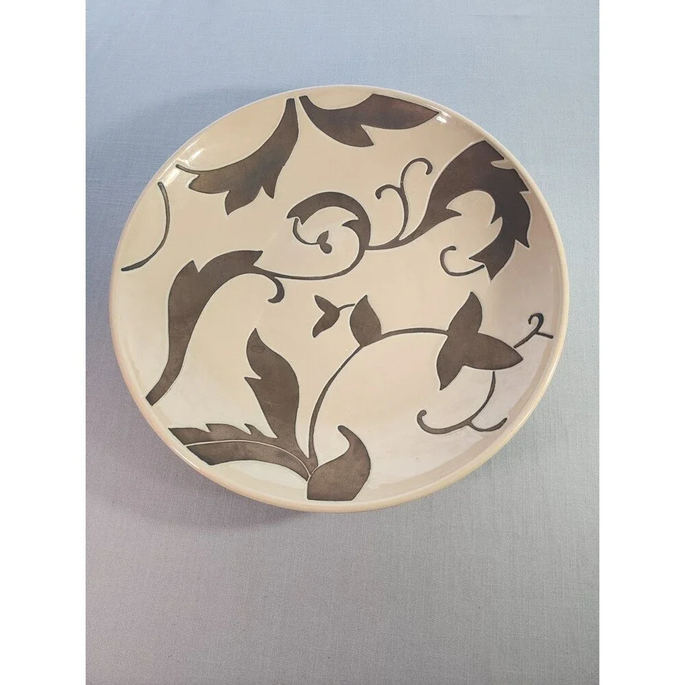 Round Ceramic Decorative Serving Bowl Beige Brown Floral Scroll Pattern...